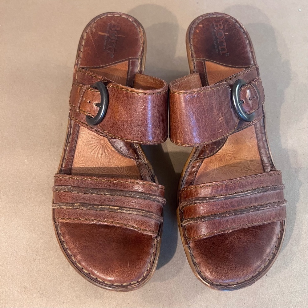 Born Brown Genuine Leather Double Strap Wedge Slide Sandals Women’s Size 39 US 8